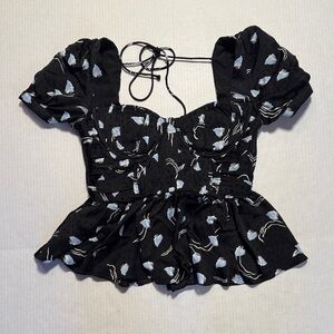 SELF-PORTRAIT Black Puff Sleeve Sweetheart Peplum Top Light Blue Floral Accent 4